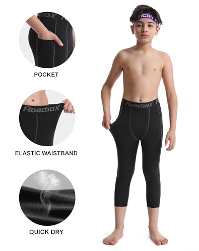 Roadbox Boys 3/4 Compression Leggings Pants, Youth Sports Capri Running Tights Kids Basketball Base Layer with Pockets3