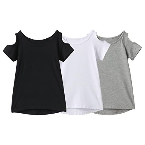 IRELIA 3 Pack Girls Crew Neck Tee Short Sleeve Shirts with Cold Shoulder BWG XL Cover