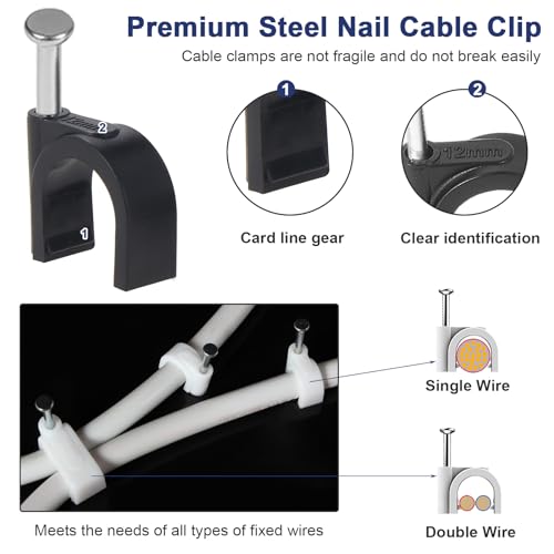 Habwea 600 Stück Kabelschellen Nagelschellen 4mm 5mm 6mm 7mm 8mm 10mm 12mm Kabelhalter Wand Kabelklemmen mit Nagel ，Runde/Quadrat Kabelclips Weiß Schwarz für Netzwerkkabel Kabelführung Befestigungen