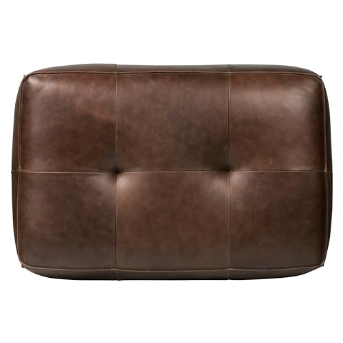 Image of Poly & BARK Capa Ottoman - 37 inch Rectangle Pouf with Feather-Down Topper - Full-Grain Leather Upholstered Pouf Ottoman for Living Room - Vintage Italian Leather in Chocolate Brown