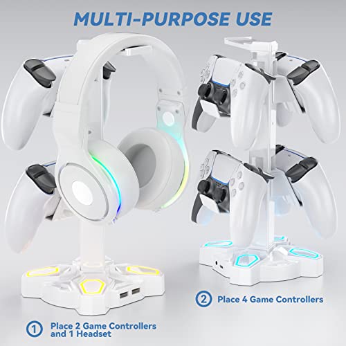 Kdd Gaming Rgb Headphones Stand, Rotatable Headset Stand With 9 Light Modes - Controller Holder With 2 Usb Charging Ports And 3.5Mm & Type-C Port - Earphone Hanger Accessories For Desktop Gamer(White) #TOP4