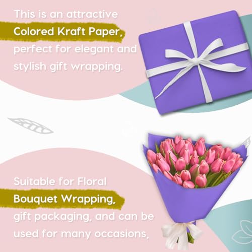 SMART&CASUAL 17.8" x 760" (63') Purple Kraft Craft Paper Roll for Gift Wrapping Bulletin Board Bouquet Flower Kids Art Packing Parcel Table Covering 80GSM 55LB (Purple, 17.8" x 63')