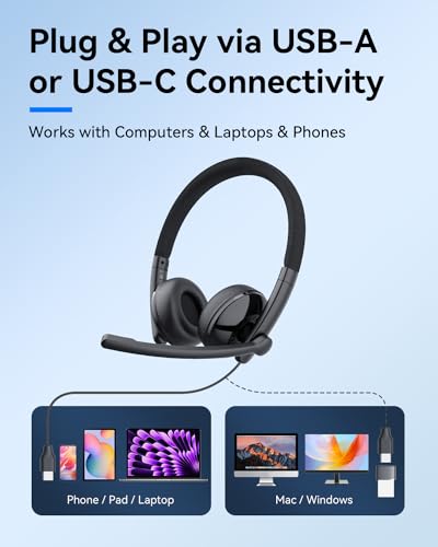 Emeet HS50 Wired Headset With Mic, On-Ear Computer Headphones With Noise Cancelling Microphone, Usb-A/Usb-C, Adjustable Design, In-Line Control For Home Office Online Class Teams Zoom thumb #6