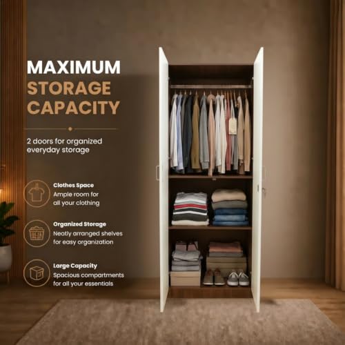 Image of GRATUS 2 Door Wardrobe - Compact Engineered Wood Cupboard Without Drawer for Clothes Storage, Small Bedroom Organizer - 180 x 70 x 45 cm Classic White