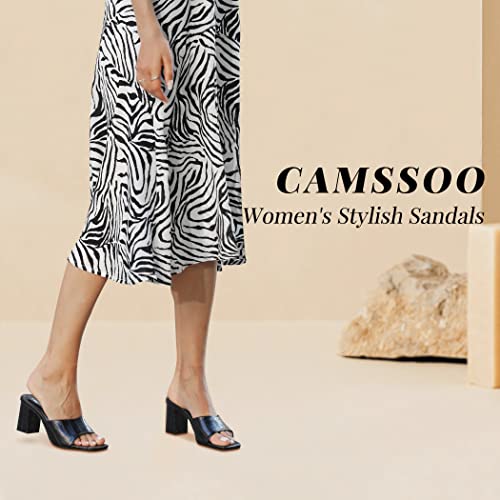 Camssoo Women's Open Toe Square Mules Sandals Flip Flops Slip On Chunky Block High Heel Fashion Wedding Dress Slipper Slide Black Leather Pu Size Us11 Cn43 #TOP2