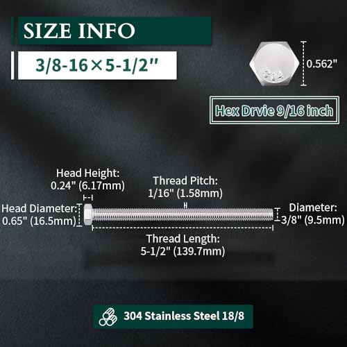 Image of 3 /8-16 x 5-1 /2 inch Hex Head Bolts Screws, 304 Stainless Steel 18-8, Fully Threaded, Hexagon Head Cap Bolts Screws, Coarse Thread UNC, 6 PCS