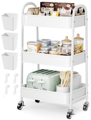 Image of 3 Tier Rolling Cart Metal with Wheels, Heavy Duty White Three Tiered Craft Cart Organizer on Wheels, Utility Roller Storage Carts for Art, Baby Nursery, Diaper Caddy, Snack,Book,Nail,Cleaning Supplies