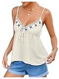 COZYEASE Women's Floral Embroidery Knot Front Cami Tops Peplum Sleeveless V Neck Tank Top Beige Medium