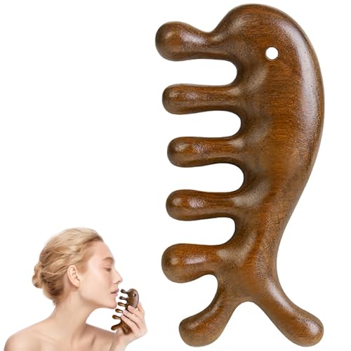 Beecarolx BC-MC-003 Wooden Scalp Massager Comb - Natural Sandalwood Wide Tooth Gua Sha Comb - Manual Head Scalp Massage Tool For Eye Nose Facial Neck Back Hand Foot And Legs cover