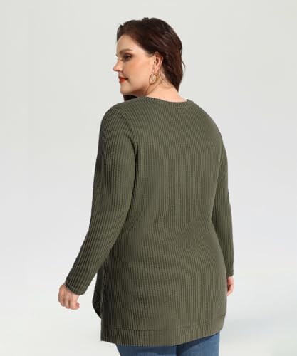 Image of RITERA Plus Size Women Sweaters Waffle Knit Pullover Top Long Sleeve Casual Crewneck Shirt Loose Split Hem Fall Winter Blouse