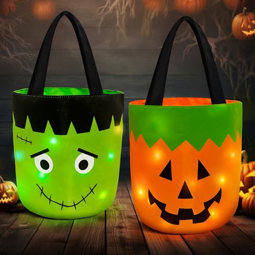Jemgmonn 2 Pieces Halloween Candy Bucket with LED Light Trick or Treat Buckets Halloween Reusable Pumpkin Green Monster Candy Gift Baskets Party Supplies Favors (Orange & Green)