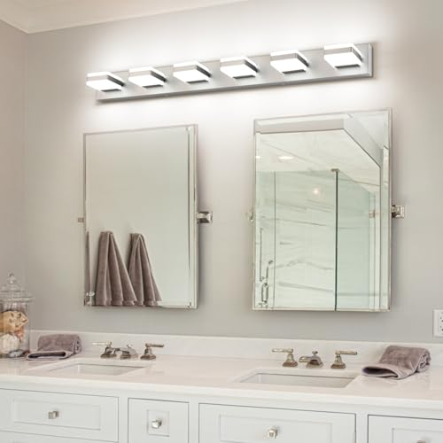 Image of SOLFART LED Modern Bathroom Vanity Lights Over Mirror, Brushed Nickel Vanity Light Fixture 6 Light, LED Nickel Bathroom Lights Cool Light 6000K