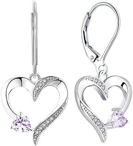 YL Heart Earrings Sterling Silver Love Heart Dangle Drop Earrings Birthstone Leverback Jewelry for Women (06-alexandrite-Jun)