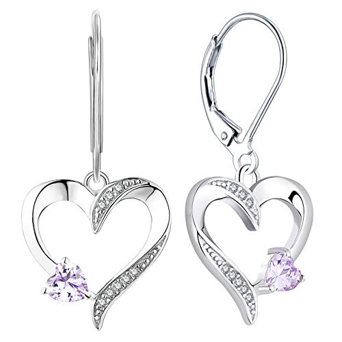 YL Heart Dangle Earrings 925 Sterling Silver Drop Earrings Birthstone Leverback Jewelry for Women