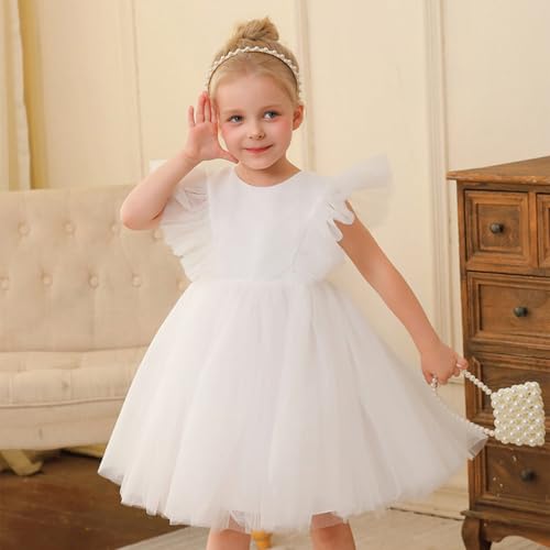 AGQT Flower Girl Dress V-Back Ruffle Sleeve Dresses Girls Tulle Dress for Wedding First Communion with Bow-Knot 3T-9T2