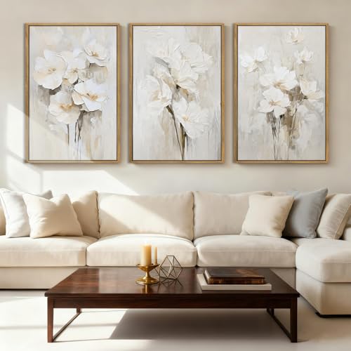 Anyzal Framed Beige Floral Wall Art Neutral Flower Wall Decor