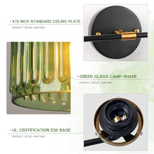 Image of Bathroom Light fixtures Mid Century Wall Sconce 2-Lights with Green Striped Shade Glass Wall Mount Light Modern Vanity Lights for Over Mirror Bedroom Hallway Overhead