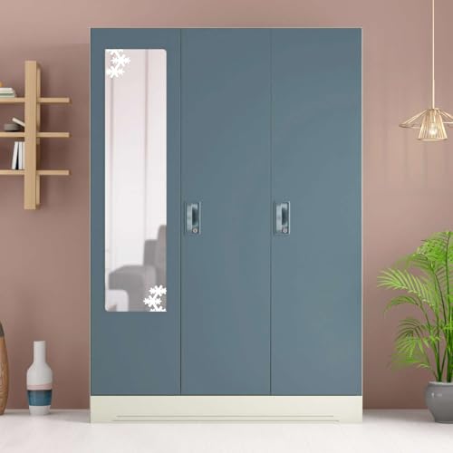 Image of Interio by Godrej Almirah Slimline 3-Door Steel Almirah, Cupboard for Clothes (Alpine White and Stormy Weather Matte), 1-Year Warranty, 7 Shelves, 1 Locker, Star Design Mirror