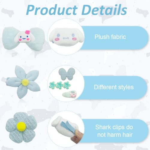 Image of PALAY 8Pcs Cute Cinnamoroll Hair Clips for Girls Kids, Kawaii Cartoon Tic Tac Barrettes, Plush Flower Baby Hair Accessory, Blue
