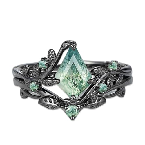 Natural Moss Agate Engagement Ring for Women Pear/Hexagon/Kite/Princess Cut Gemstone Genuine Moss Agate Wedding Ring Set Bridal Ring Set 925 Sterling Silver 10K 14K 18K Gold Moss Rings for Women Size 4-12