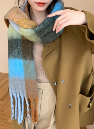 Wander Agio Winter Women Warm Scarf Long Shawl Large Scarves Cold Weather Thick Blanket Scarfs Colorful Plaid Green Cyan Black 32 - Thumbnail 2