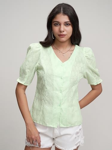 Image of Tokyo Talkies Women's Elegant Embroidered V-Neck Shirt | Button-Front with Short Puff Sleeves for A Chic Look | Tops for Woman | Women Tops | Stylish Top