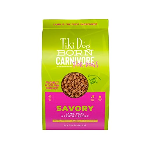 Tiki Dog Born Carnivore for Dogs, Savory Lamb, Peas & Lentils Recipe, Grain Free Baked Kibble for Maximum Nutrition, For Adult Dogs and All Size Breed Dogs, 3.5 lbs. Bag
