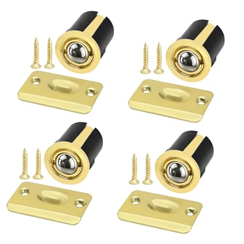 HOMOTEK 4 Pack Drive in Ball Catch with Strike Plate for Closet Doors Bright Brass 13/16 Inch x 1-1/8 Inchs Die-cast Adjustable Tension Ball