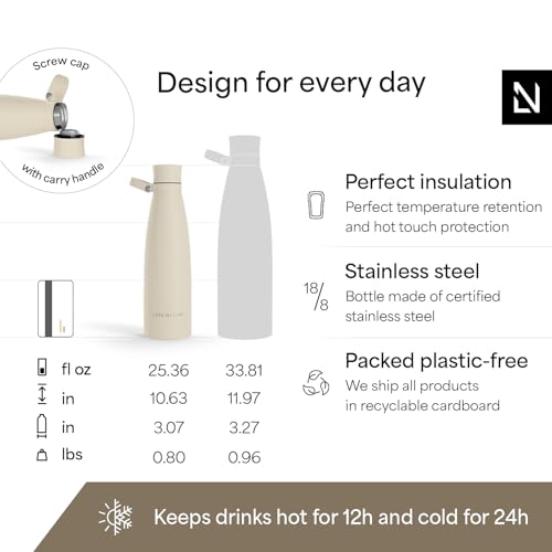 Image of LARS NYSOM Stainless Steel Insulated Water Bottle 25oz 34oz | Insulated Thermo Flask for Hot and Cold Beverages | Leakproof Drinking Bottle (Cream Beige, 25.4oz)