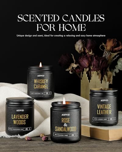 Image of AOOVOO Scented Candles for Men - 4 Pack Candles for Home Scented, 36oz Soy Wax, 200 Hour Burn Time, Men Candle Set, Rose Sandalwood /Whiskey Caramel /Lavender /Leather Candles Set