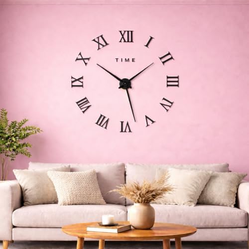 Image of PulGos 40cm DIY Wall Clock - 3D Modern Roman Numeral Sticker Clock - Large Frameless Self-Adhesive Wall Decor for Living Room, Bedroom & Office - Stylish Giant Acrylic Surface Timepiece for Home