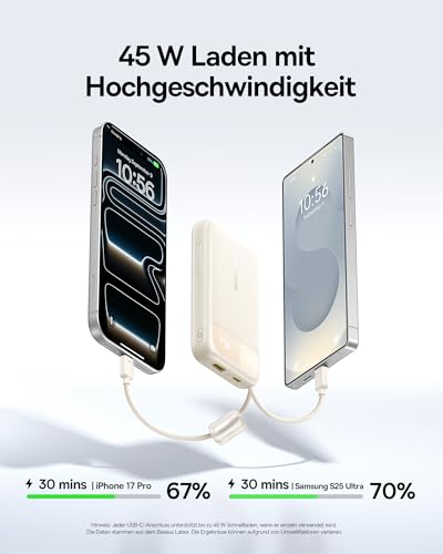Baseus FC11 Powerbank 45W 20000mAh Tragbares Ladegerät mit Dual Integriertem Kabel, CCC Kleine Powerbank mit Smart Display, Einziehbares Kabel, Akkupack für iPhone 17/16, iPad, Laptop, Samsung, Pixel 3