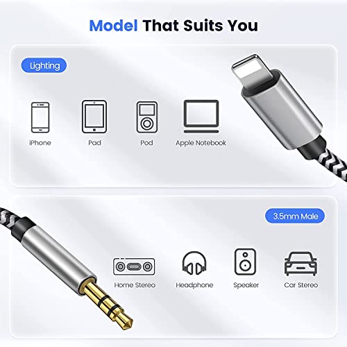 Câble Adaptateur Prise Jack iphone,Câble Audio Auxiliaire Voiture pour iPhone 13,Câble de Voiture auxiliaire Jack mâle 3,5 mm Compatible avec iPhone 13/12/11/XS Max/XS/XR/X/8 Plus/8/7-Argenté Noir - Image 6