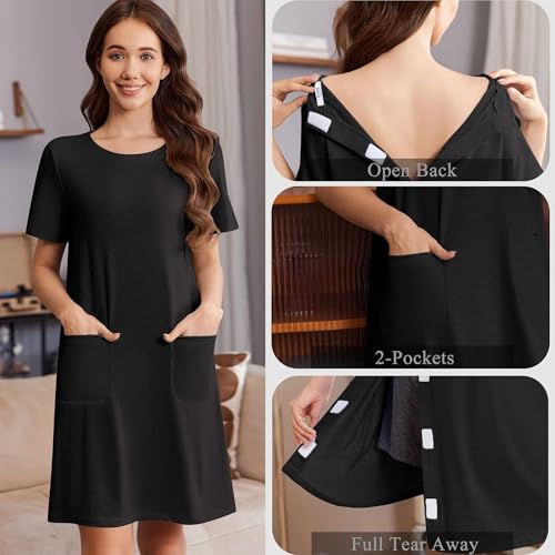 Image of Deyeek Open Back Hospital Gowns for Women Tear Away Short Sleeve Post Surgery Soft Nightgowns for Elderly Women with Pocket