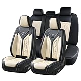 Coverado Seat Covers, Car Seat Covers Full Set, Leather Seat Covers for Cars, Automotive Seat Covers Car Seat Protector Car Accessories Fit for Most Sedans SUV Pick-up Truck(Black&Beige)
