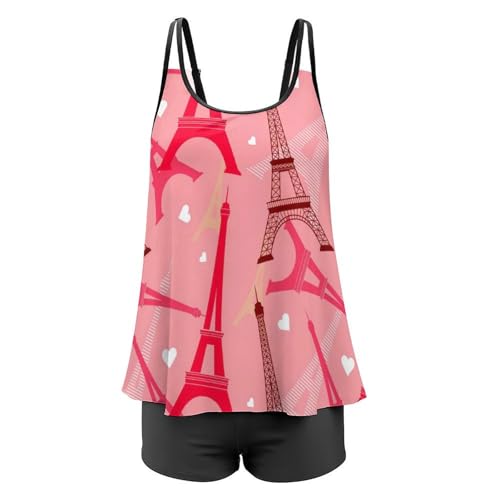 Ensemble bikini avec short de garçon tankini rouge à motif Tour Eiffel - 4
