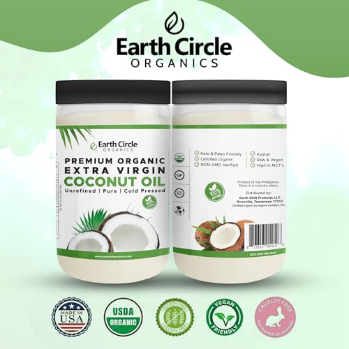 Image of Earth Circle Organics Premium Ultra Pure Extra Virgin Organic Coconut Oil, Cold Pressed, Baking, Smoothies, Skin & Hair Care, Gluten-Free, Keto & Paleo Friendly (32 Ounce Unrefined)
