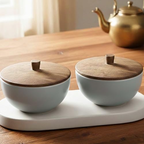 Image of The Earth Store Grey Mellow Ceramic Bowl Set of 2 - 450ML Each with Nob Wooden Lid | Mixing Bowls for Snacks, Rice, Dal, Fruits, Salad Microwave Safe Bowl with Lid Perfect Gifting & Daily Use