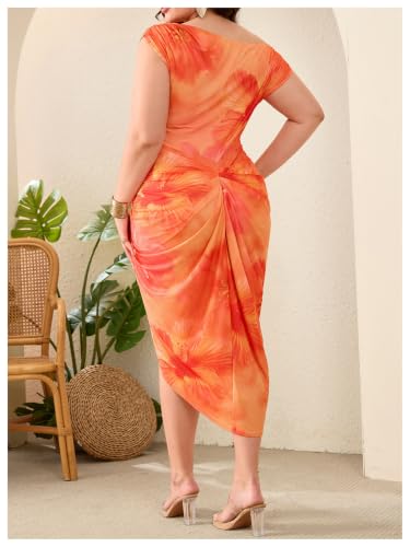 Image of Floerns Women's Plus Size Asymmetrical Neck Long Dress Ruched Slit Hem Cocktail Dress