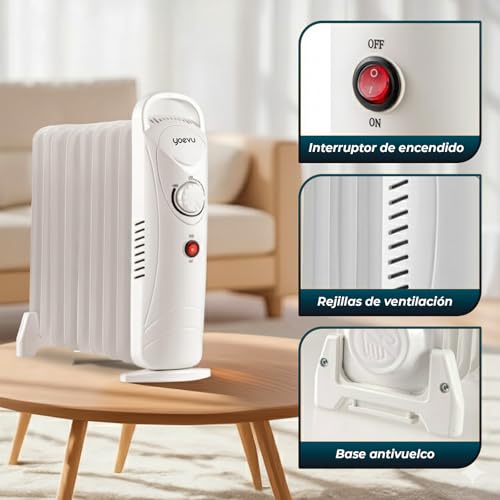 YOEVU | Radiador de aceite | 1000W, 9 elementos, blanco, 42x13x42cm | Protección contra sobrecalentamiento, diseño compacto, eficiencia energética | Calefacción portátil - imagen 6