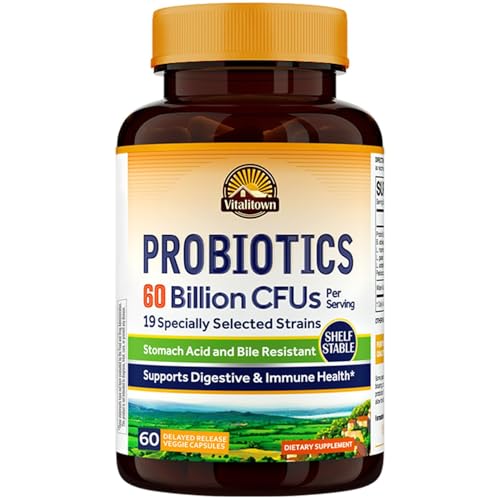 Vitalitown Probiotics + Prebiotics | 60 Billion CFUs 19 Strains | 60 Delayed Release Veg Caps | Shelf Stable, Prebiotics and Probiotics | Digestive Health, Immune Health | Vegan, Non-GMO, No Dairy