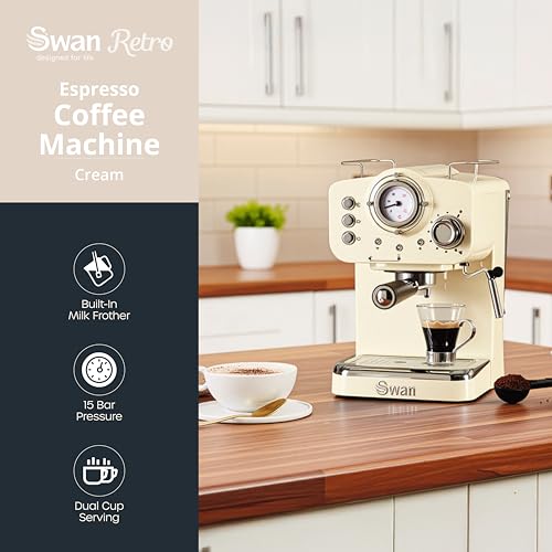 Swan SK22110CN Retro Espresso Coffee Machine with Milk Frother, Steam Pressure Control, 1.2L Detachable Water Tank, 1100W, Retro Cream - Image 3