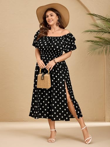Image of Plus Size Maxi Dress Off The Shoulder Ruffle Smocked Wedding Guest Cocktail Slit Hem Flowy Dresses for Curvy Women