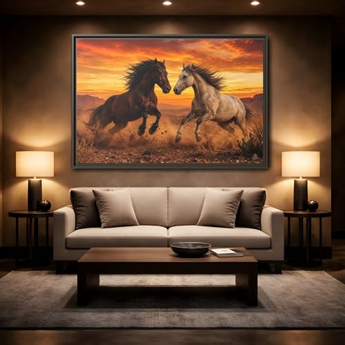 Toile chevaux sauvages sunset horizontal décoration salon au-dessus console