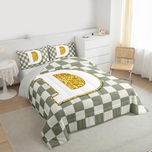 Image of Erosebridal Sage Green Checkered Comforter Set Full Plaid Initial D Bedding Set Personalized Monogram Comforter for Kids Adults,Fashion Grids Gingham Quilt Duvet