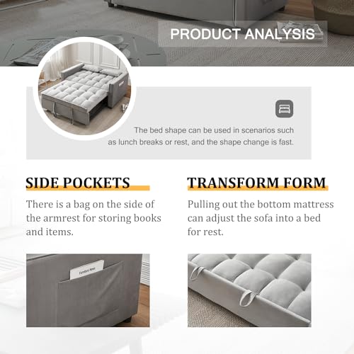 Fenfshe F-SOFABED-GREY Convertible Sleeper Sofa Bed, Modern Velvet 3-In-1 Futon Couch Pullout Bed thumb #7