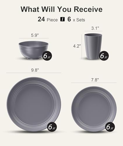 Image of Quatish 24 Piece Plates and Bowls Sets for 6, Unbreakable Dinnerware Sets, Plastic Dish Set for Camping, Dishwasher Microwave Safe, Outdoor Kitchen and Apartment Dorm Dinning RV Essentials, Grey