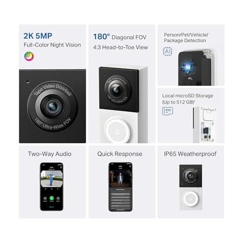 Tapo TP-Link Smart Video Doorbell Camera Wired, 2K 5MP, Color Night Vision, 180° Ultra-Wide FOV, 2-Way Audio, Free AI Detection, Cloud & SD Card Storage, Works w/Alexa & Google Home, D130 thumbnail 2
