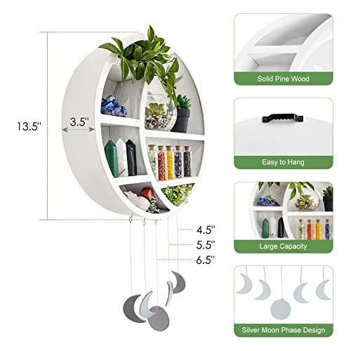 Ella & Emma 5-Shelf Pine Wooden Crescent Moon Crystal Shelf - Bohemian Style, Wall Mount, Bedroom, Living Room, Office