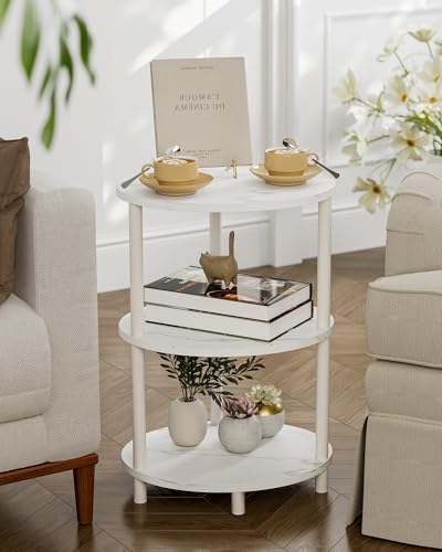 Image of Small Round Side Table - 3-Tier Oval Accent Table for Small Spaces, Rustic Wood and Metal Couch End Table, Nightstand for Bedroom or End Table Living Room, Easy to Assemble, Marble White